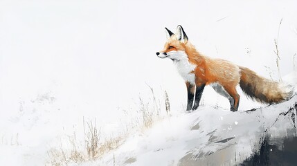 Fototapeta premium Majestic red fox standing on a snowy hill during winter, showcasing its striking fur and alert demeanor in a serene landscape