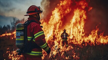 Firefighters standing on the frontline of a wildfire with flames towering behind them Stock Photo with side copy space