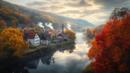 Peaceful village in autumn vibrant orange and red trees dotting the landscape smoke rising from chimneys river reflecting fall colors Camera wide angle from a hilltop soft morning light  
