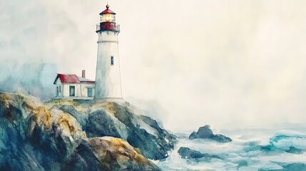 A tranquil coastal lighthouse overlooks rugged rocks and waves, set against a misty backdrop at dawn