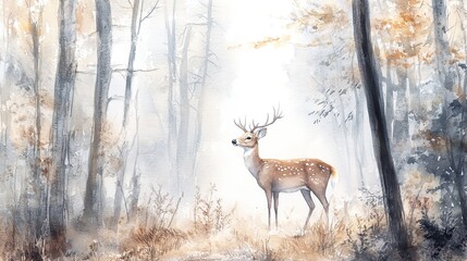 A solitary deer standing amidst a misty forest landscape during a calm and foggy morning in autumn