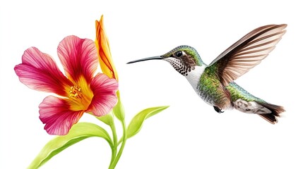 Fototapeta premium A vibrant hummingbird hovers gracefully near colorful flowers in a bright, dreamy garden setting