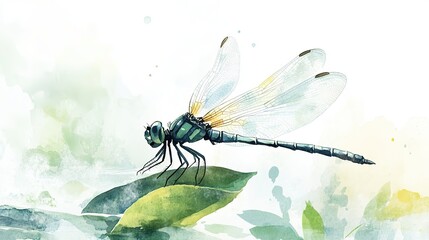 A delicate dragonfly rests on a green leaf by the calm water's edge amid soft pastel hues and aquatic plants in a serene natural setting