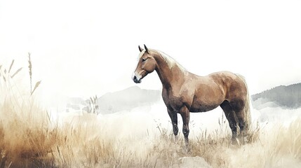 Naklejka premium A solitary horse stands gracefully in a lush green field under a bright sky beside gentle rolling hills