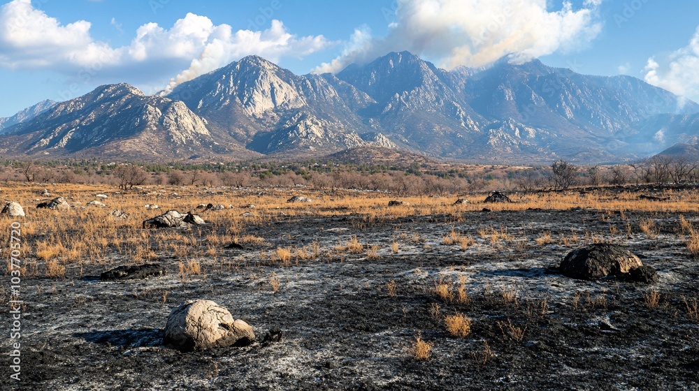 Poster a dry and barren landscape during a drought showing the direct connection to increased wildfire freq