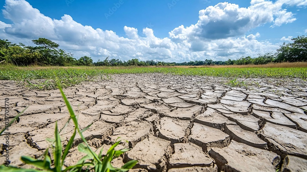 Poster a dry and barren landscape during a drought showing the direct connection to increased wildfire freq