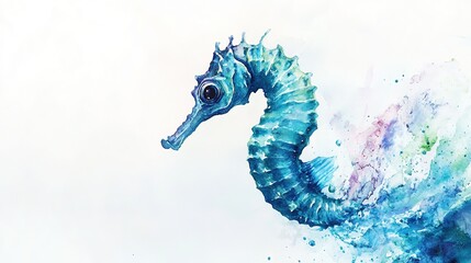 Fototapeta premium Colorful seahorse swimming through vibrant blue and orange watercolor splashes in an artistic underwater representation