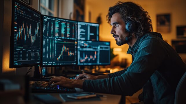 Focused trader analyzing multiple financial charts and data on several monitors, managing trades in a home office setting with intense concentration and real-time decision-making.