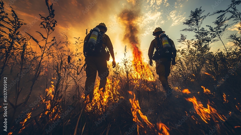 Aufkleber Firefighters creating firebreaks and using controlled burns to stop a wildfire from spreading Stock Photo with side copy space