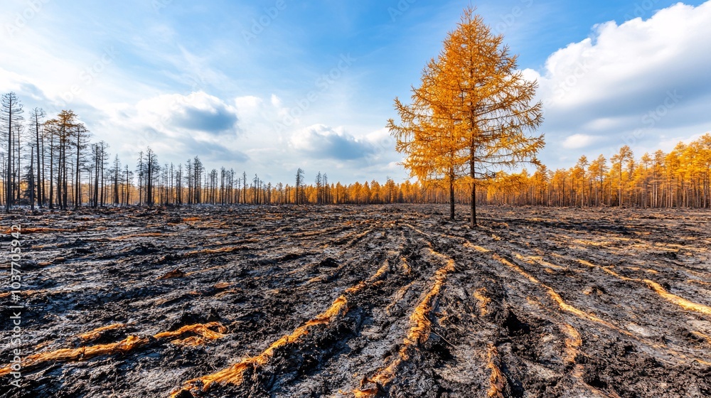 Poster A forest being replanted after a wildfire as part of an ecological recovery project Stock Photo with side copy space