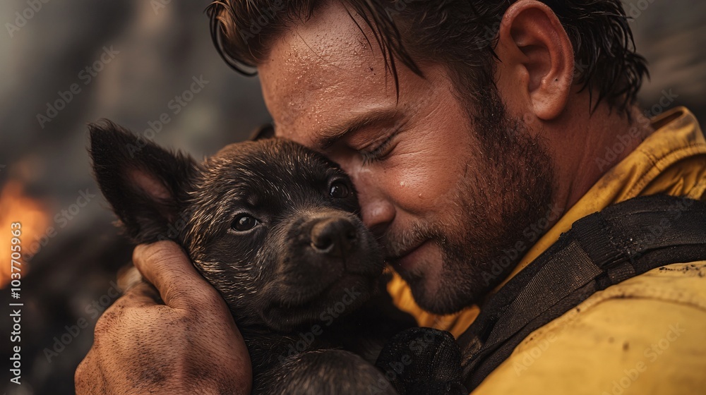 Poster rescue workers helping animals caught in wildfire zones moving them to safer areas stock photo with 