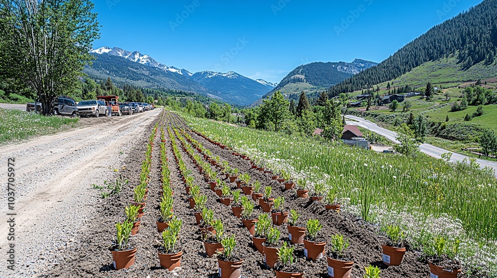 Poster A forest being replanted after a wildfire as part of an ecological recovery project Stock Photo with side copy space