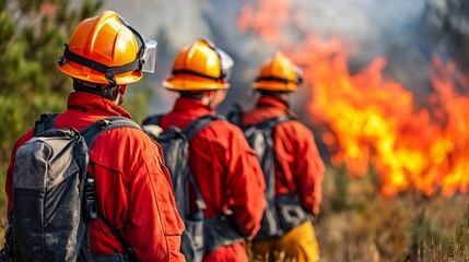 Fototapeta premium Firefighters creating firebreaks and using controlled burns to stop a wildfire from spreading Stock Photo with side copy space