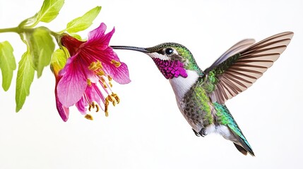 A colorful hummingbird hovers near a vibrant pink flower in a bright and sunny garden setting
