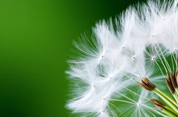 Delicate dandelion seeds dancing in the gentle breeze against a soft green background