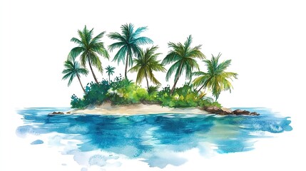 A tropical island landscape with lush palm trees and clear blue water under a bright sky