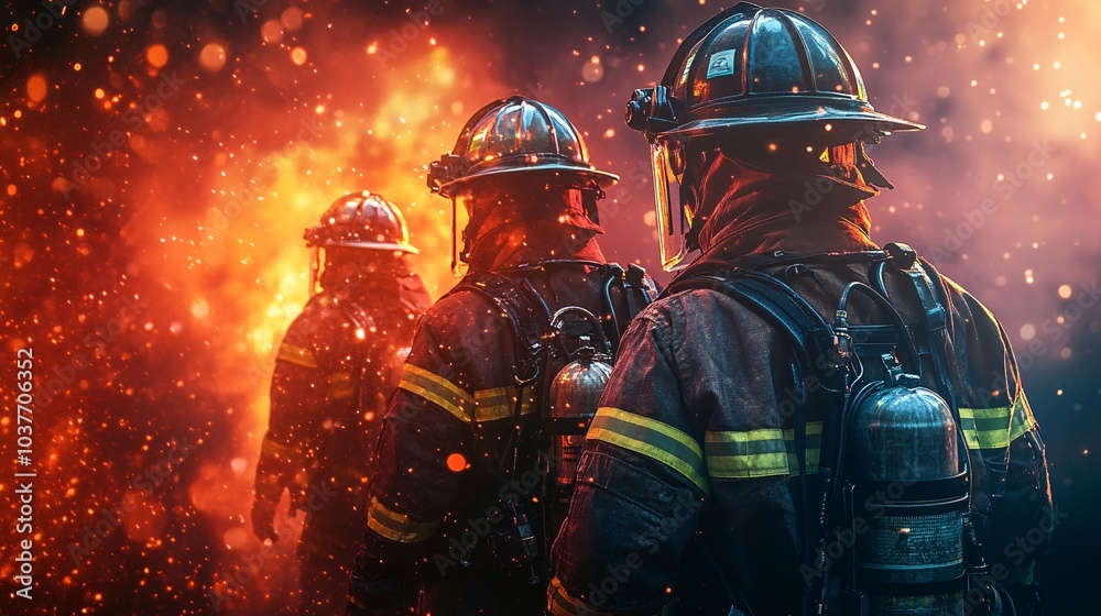 Poster firefighters using advanced environmentally friendly firefighting tools to battle a raging wildfire 
