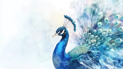 A vibrant peacock displaying its colorful feathers in an artistic watercolor style against a soft background