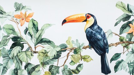 Obraz premium A colorful toucan perched on a branch among lush green leaves and vibrant flowers in a natural habitat