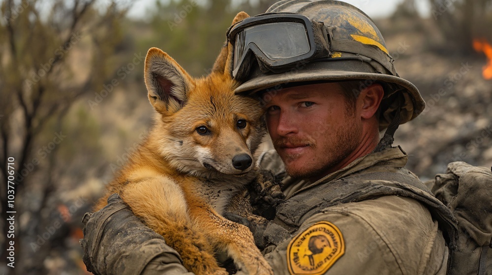 Poster firefighters rescuing wildlife from dangerous fire conditions transporting them to safer areas stock