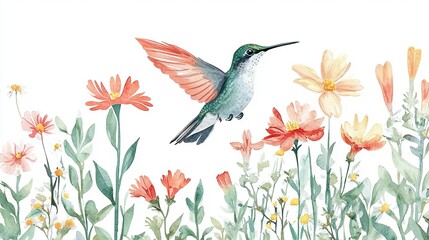 Hummingbird hovering above colorful wildflowers in a vibrant spring garden setting during daylight hours