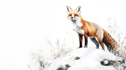 A red fox standing on a snow-covered rock in a winter landscape, observing its surroundings during a sunny day