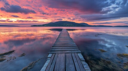 Small island at sunset vibrant orange and pink sky reflecting in the calm waters wooden pier stretching out into the ocean Camera wide angle from shoreline warm peaceful mood 