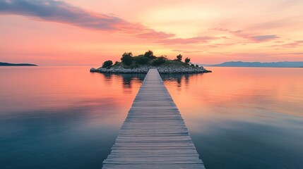 Small island at sunset vibrant orange and pink sky reflecting in the calm waters wooden pier stretching out into the ocean Camera wide angle from shoreline warm peaceful mood 