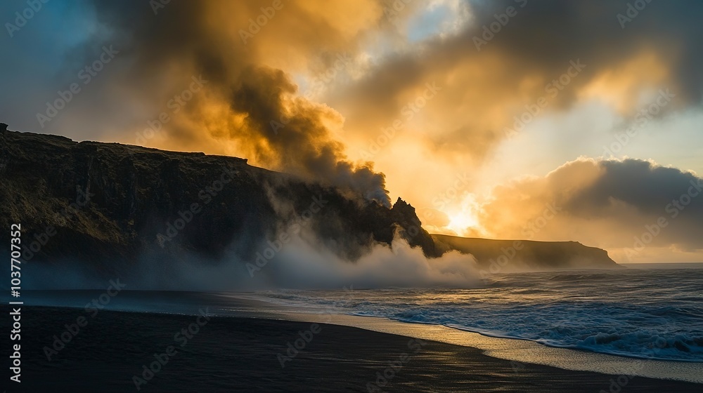 Wall mural Volcanic island at sunrise rugged black sand beach steam rising from distant crater soft golden light on the horizon Camera wide shot from low angle dramatic and moody  