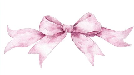 Pink ribbon bow frame hand drawn watercolor illustration on a white background ideal for greeting card or wedding invitation design