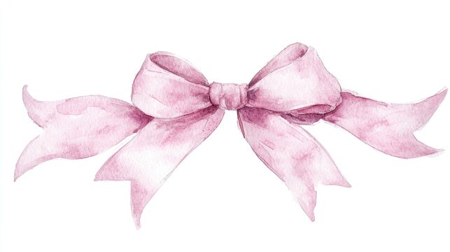 Pink ribbon bow frame hand drawn watercolor illustration on a white background ideal for greeting card or wedding invitation design