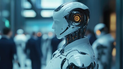 Business professional utilizing AI for data analysis showcasing futuristic technology and robotic systems A vision for future investments and corporate development concepts