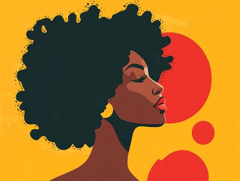 Curly haired profile illustration of an African American woman showcasing a beauty logo featuring a silhouette with fashionable afro hairstyle in a modern flat design