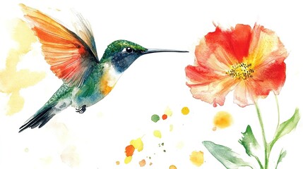 A hummingbird approaching a vibrant flower in a colorful display of nature during the daytime