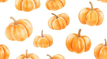 Seamless cartoon watercolor pattern featuring orange pumpkins Represents the fall season and harvesting with hand drawn elements on a white background ideal for autumn themed designs posters cards