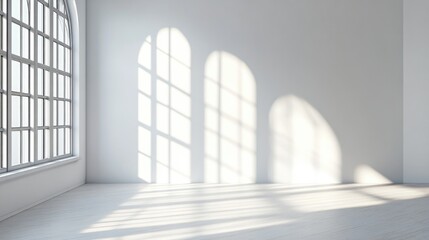 Obraz premium Bright minimalist interior space featuring sunlight and shadows rendered in 3D