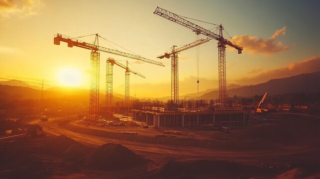 Busy construction site at sunrise cranes silhouetted against the golden sky steel framework of a building in progress dirt piles and machinery Camera wide shot from low angle warm early light  