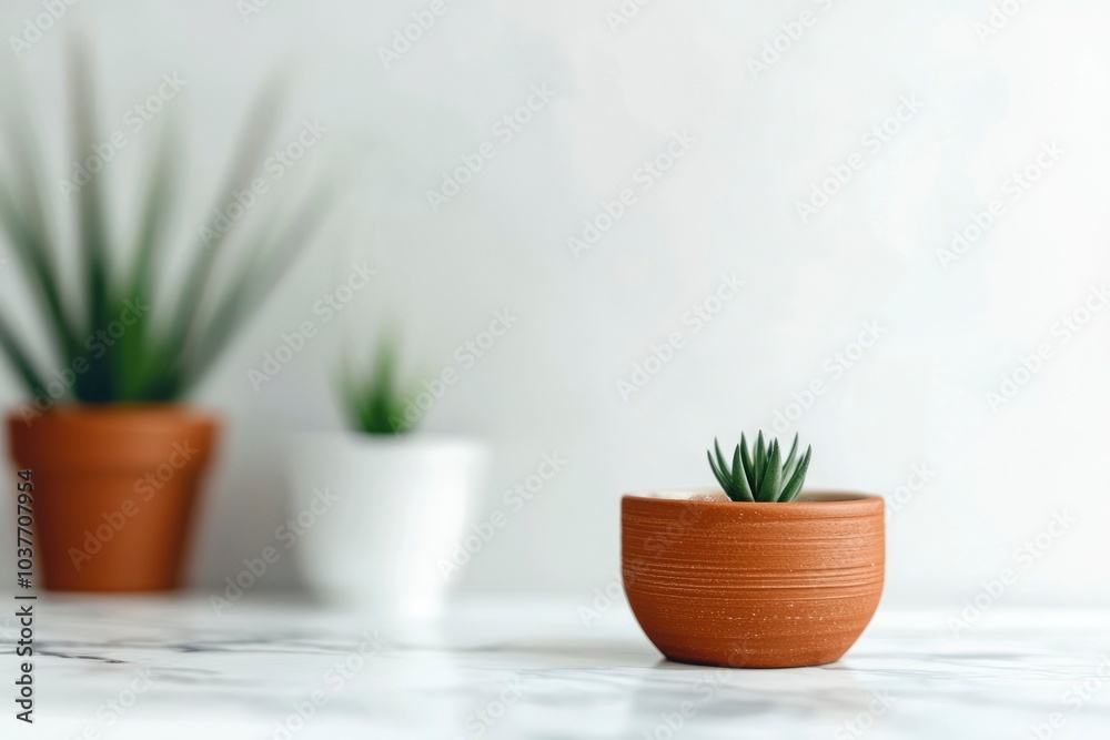 Wall mural A Small Succulent in a Terracotta Pot on a White Marble Countertop