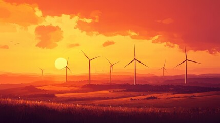 Fototapeta premium Scenic View Of Wind Turbines On A Vast Landscape At Sunset Featuring A Golden Sky And Fields Emphasizing Clean Energy And Environmental Sustainability