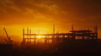 Obraz premium Massive construction site at dusk heavy machinery parked steel beams and scaffolding silhouetted against an orange sky Camera wide shot slightly elevated dramatic lighting 