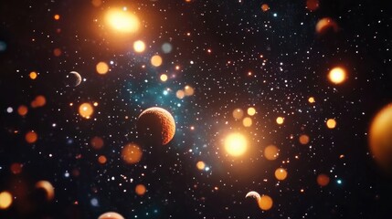 Obraz premium 2D illustration in a 3D cartoon rendering style Deep interstellar space with a realistic star pattern background Brightly flashing stars planets and moons create various science fiction inspired b