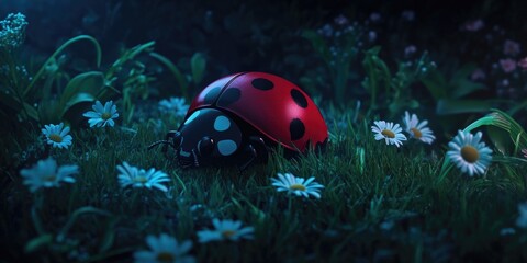 Fototapeta premium A ladybug resting in a field of chamomile flowers, Ladybug on chamomile flowers