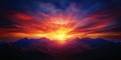 Stunning sunset over mountains showcasing vibrant colors and multiple peaks against a breathtaking sky, Vibrant mountain sunset with colorful sky and peaks