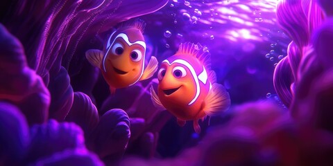 Obraz premium Two vibrant clownfish nestled within their anemone habitat, Two colorful clownfish in their sea anemone environment