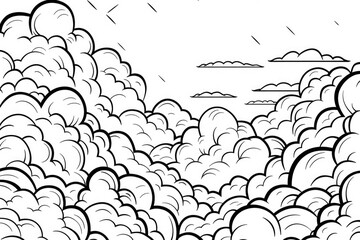 Fototapeta premium Coloring book illustration of fluffy clouds against a bright sky showcasing a serene seasonal backdrop with a gradient of soft colors evoking a peaceful and calming nature scene