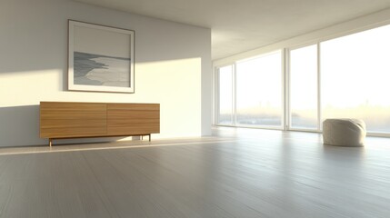 Fototapeta premium Minimalist interior of a white empty room featuring a dresser on a wooden floor artwork on a large wall and a white landscape visible through the window 3D illustration