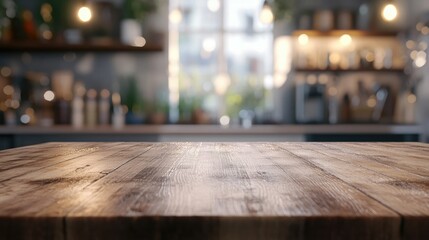 3D rendering of an empty wooden table countertop against a blurred abstract kitchen interior background with bokeh ideal for product display or montage Beautiful banner