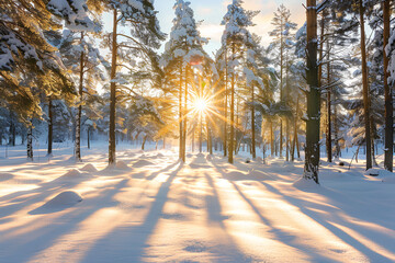 Beautiful winter forest landscape with tall trees covered in snow at sunset. Snow-covered coniferous tree trunks create long shadows on the ground, creating an enchanting and magical atmosphere.