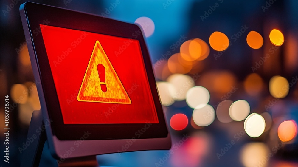 Poster A flashing alert sign about illegal media downloads displayed across a desktop screen Stock Photo with side copy space