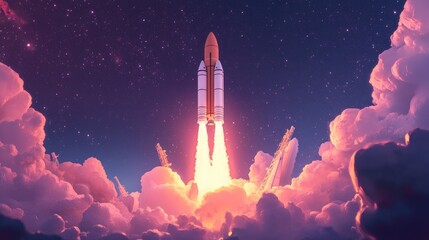 Rockets launch into space against a starry sky in a 3D cartoon rendering with spacecraft ascending through clouds of smoke